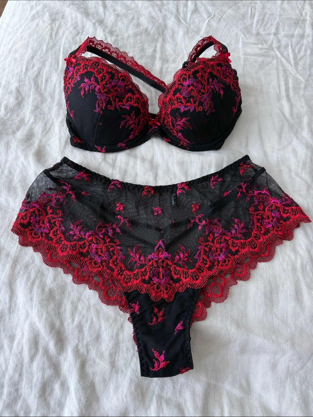 Aubade Black Bra & Sheer Briefs Set with Red and Pink Embroidery